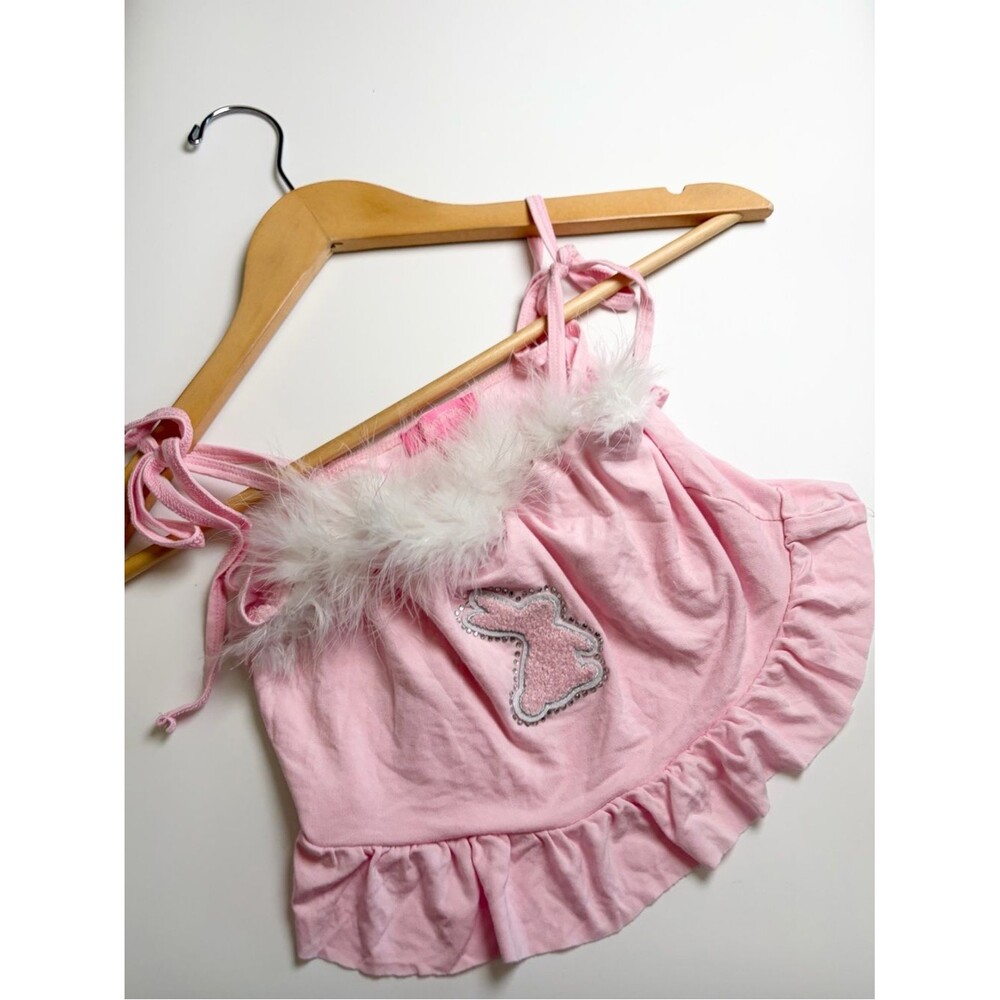 Sugar Thrillz Feather Bunny Crop Top Euphoria Coquette Balletcore Rhinestone XS